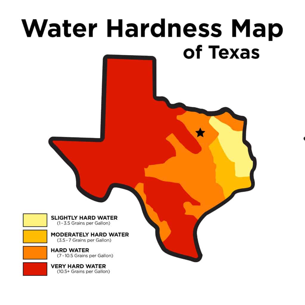 a map of Texas colored in for hard water areas