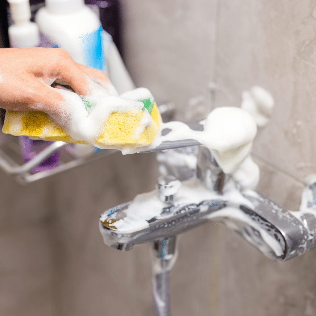 A soapy sponge scrubbing a bathroom faucet