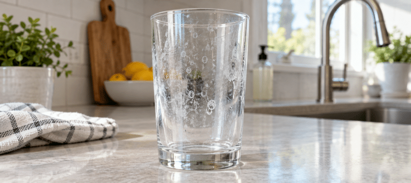 Glass with visible hard water spots on a kitchen countertop near a sink.