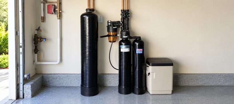 Residential water softener and filtration system installed in a garage with multiple tanks and connected plumbing.